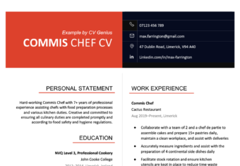 A commis chef CV example on a white template with a red and black split header that makes the candidate's name and contact information stand out