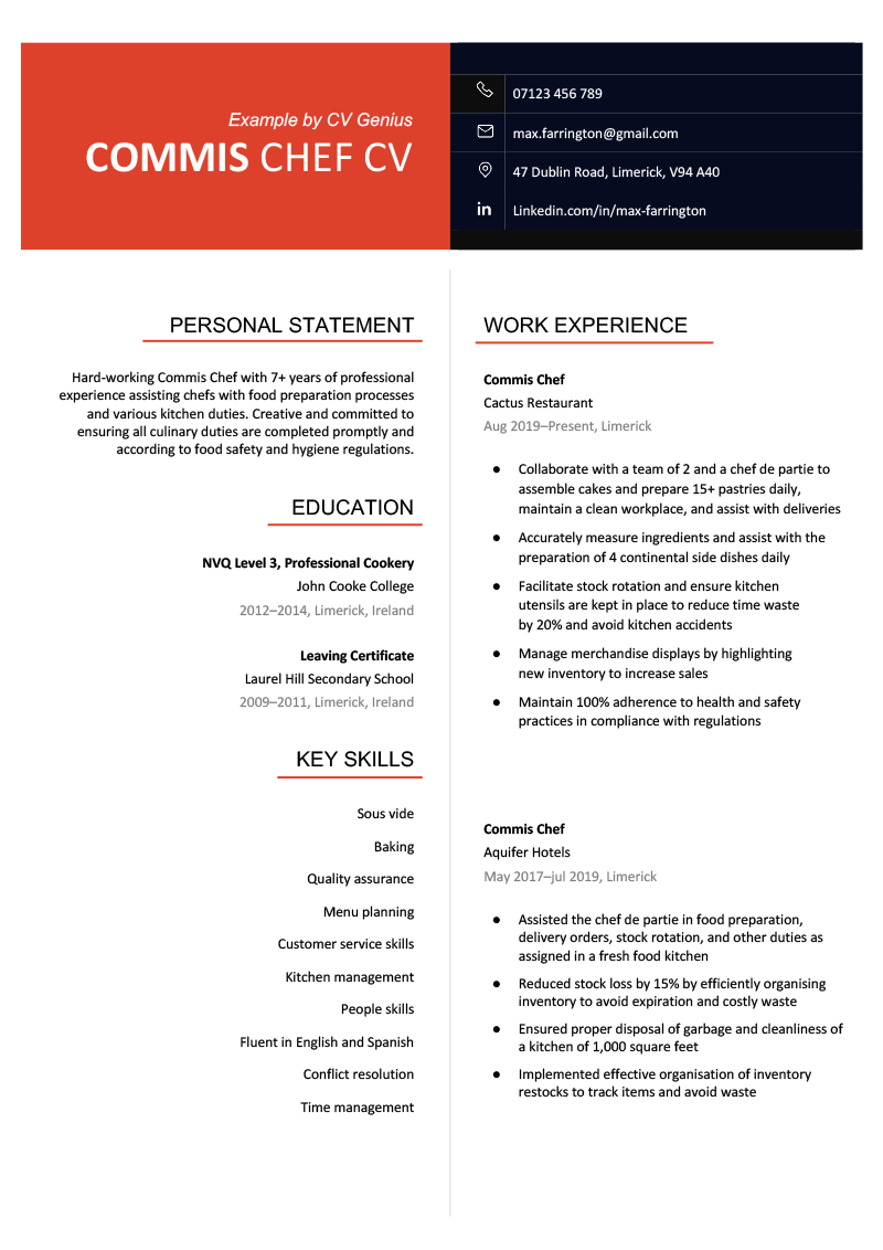 Commis Chef Cv - Example & Template (Free Download)