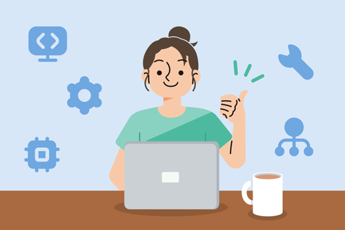 une femme assise à son ordinateur est d'une attitude enthousiaste pendant qu'elle utilise ses compétences informatiques, représentées sur cette image par des icônes flottantes.
