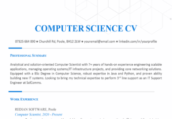 The first page of a blue-accented computer science CV with the applicant's contact information, professional summary, and work experience