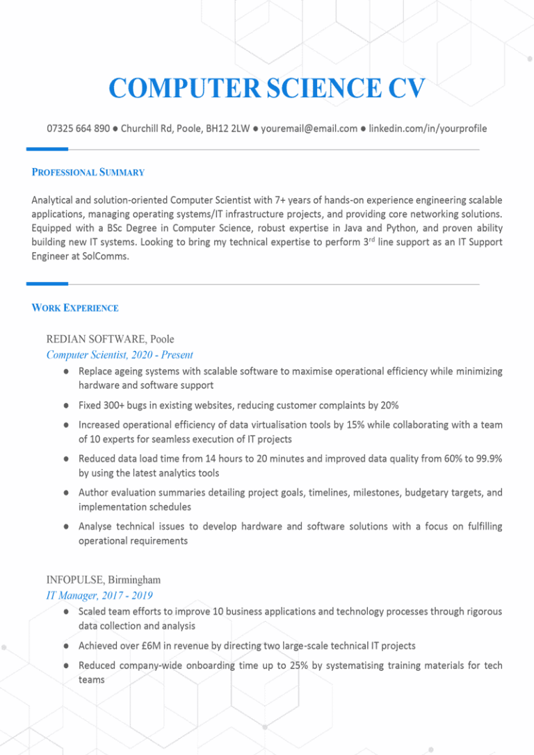Computer Science Cv Template Free Download