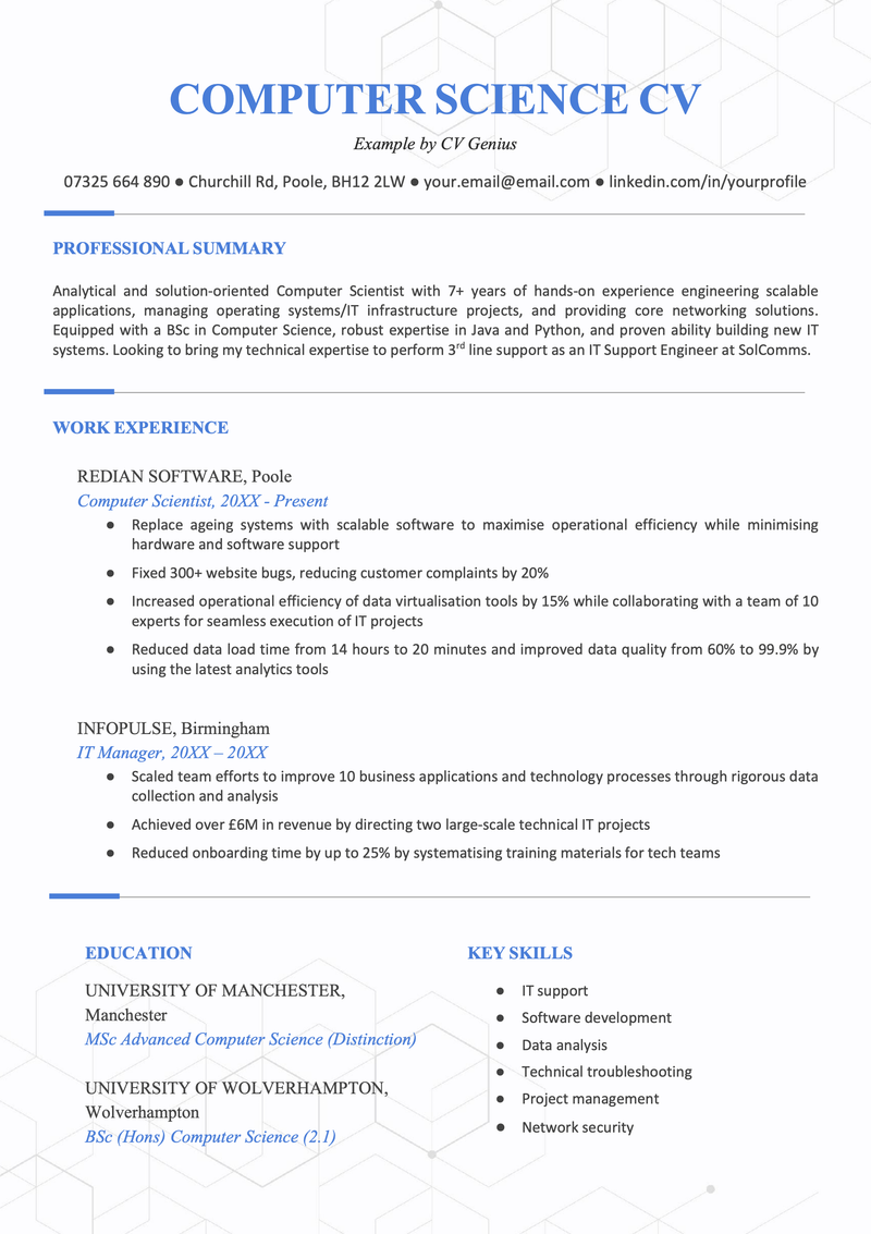 The first page of a computer science CV with the applicant's contact information, professional summary, and work experience under a blue header.