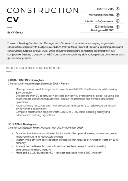 The first page of a construction CV sample with a grey rectangular background to highlight the applicant's personal statement and grey font to accentuate each header