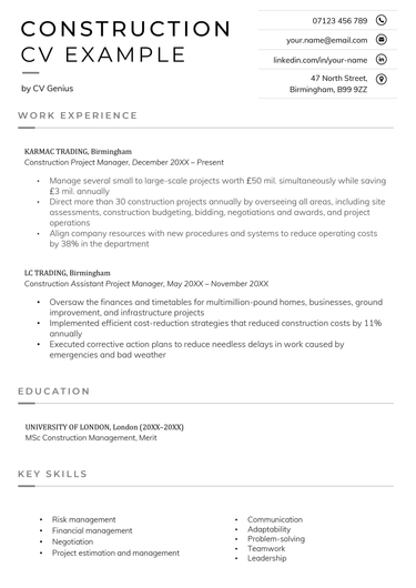 The first page of a construction CV sample with a grey rectangular background to highlight the applicant's personal statement and grey font to accentuate each header