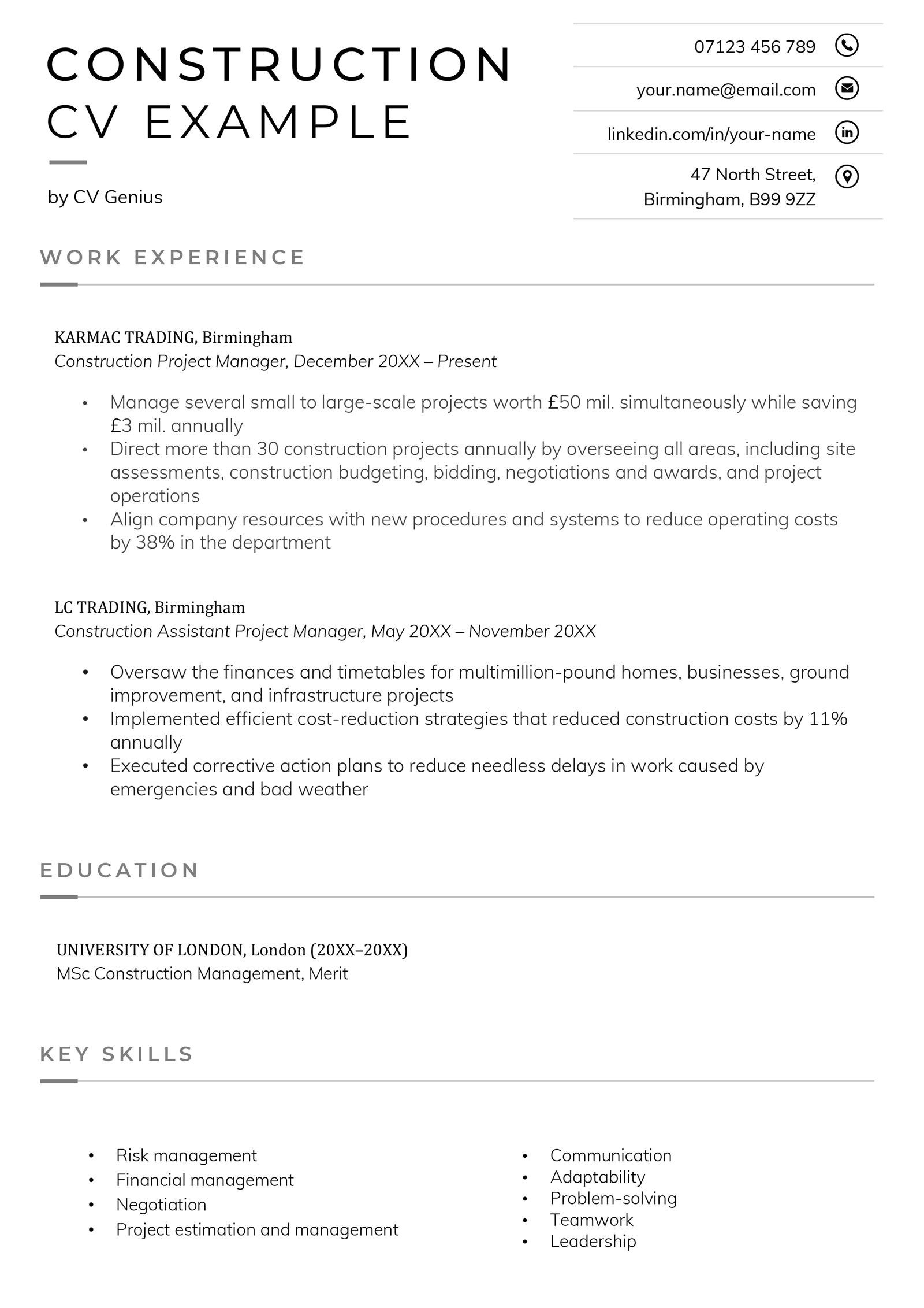 The first page of a construction CV sample with a grey rectangular background to highlight the applicant's personal statement and grey font to accentuate each header