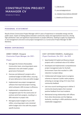 A project manager CV with a purple header to highlight the applicant's name and job title and their work experience organised into two columns.