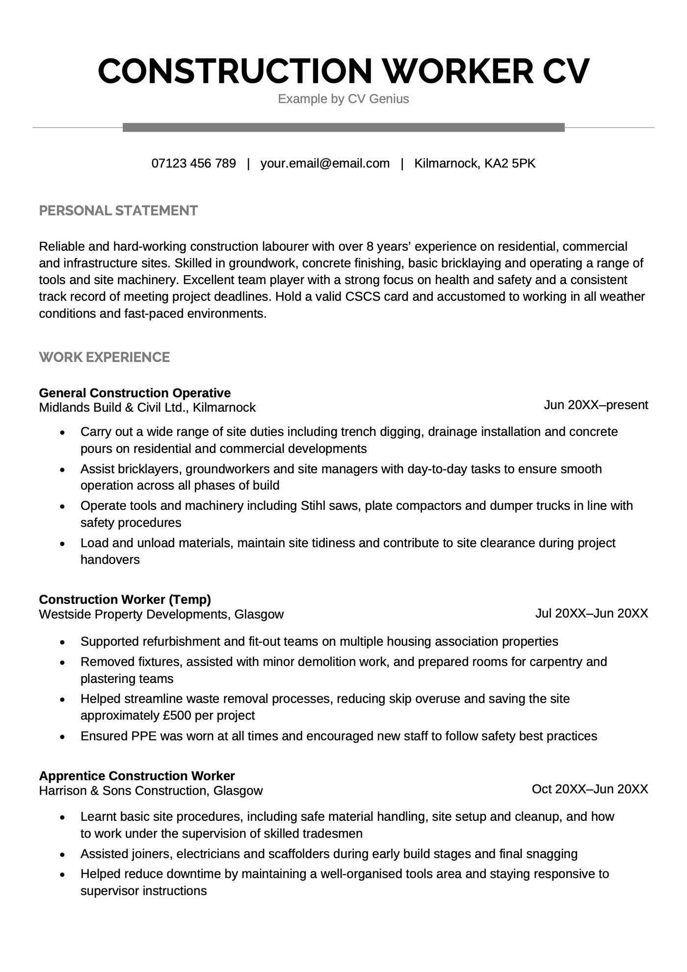 A construction worker CV sample.