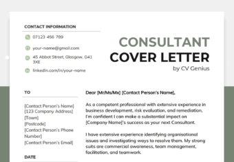 A consultant cover letter example on a green and black template with left-aligned sections for the applicant's contact information and the current date, followed by a right-aligned section for the applicant's description of their skills and experience