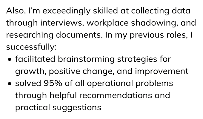 An example of two bullet points on a consulting cover letter to clearly showcase the applicant's top accomplishments