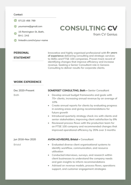 A consulting CV example with green left aligned icons beside the applicant's name, phone number, address, and linkedin contact details