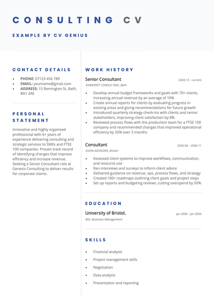 An example consulting CV using the Bangor CV template