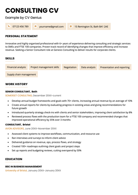 An example consulting CV using the Bristol CV template