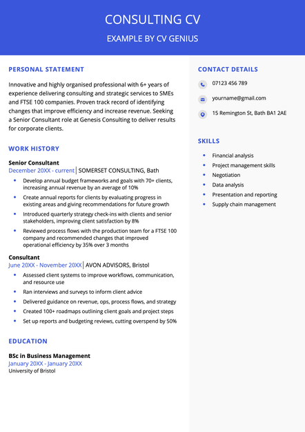 An example consulting CV using the Exeter CV template