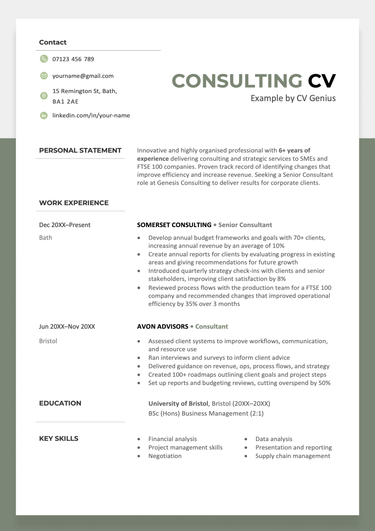 A consulting CV example with green left aligned icons beside the applicant's name, phone number, address, and linkedin contact details