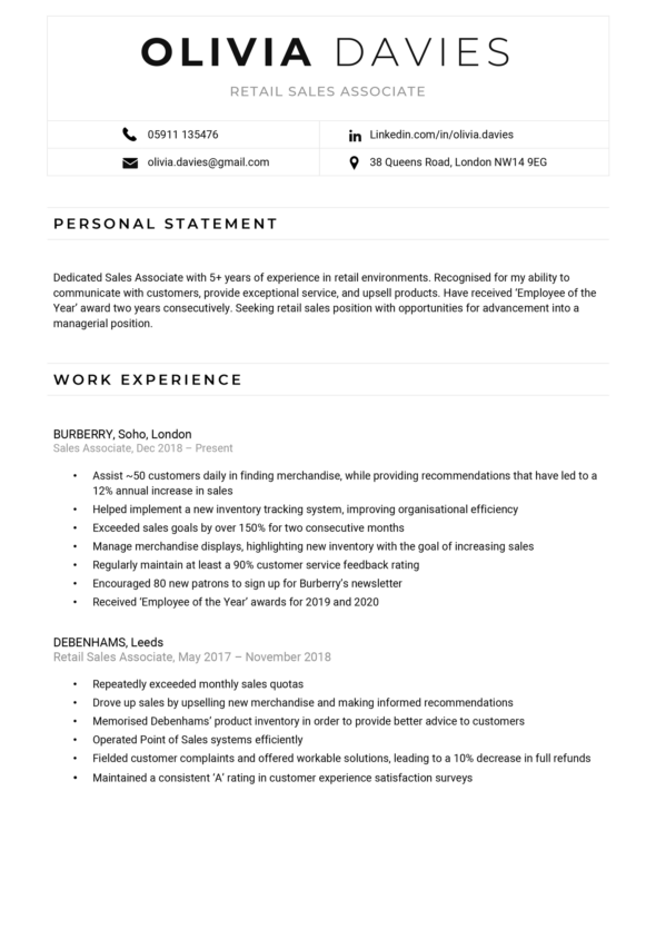The first page of the Contemporary CV template in black.