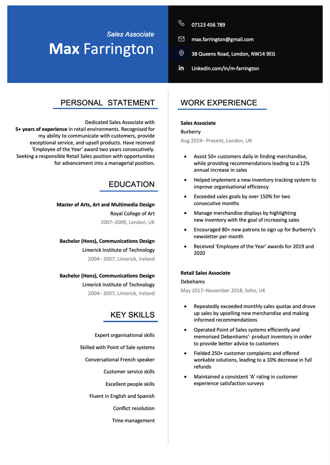 A cool CV design example with a two-coloured header and two columns for the applicant's information