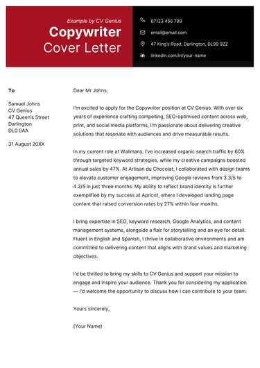 A copywriter cover letter example for UK job seekers.