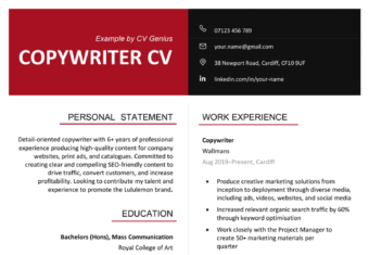 The first page of a two-column copywriter CV with a red and black header over the applicant's personal statement, education, key skills, and work experience sections