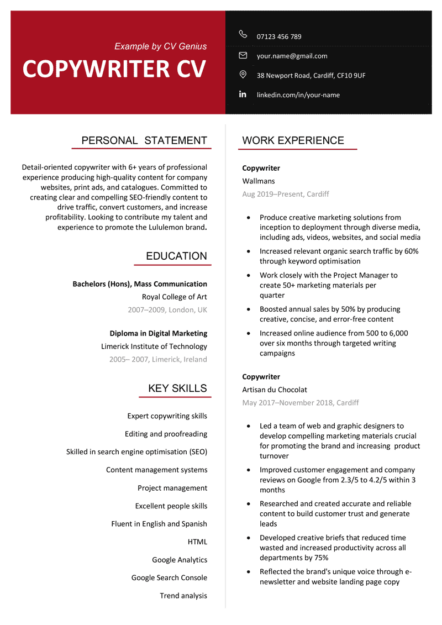 The first page of a two-column copywriter CV with a red and black header over the applicant's personal statement, education, key skills, and work experience sections.