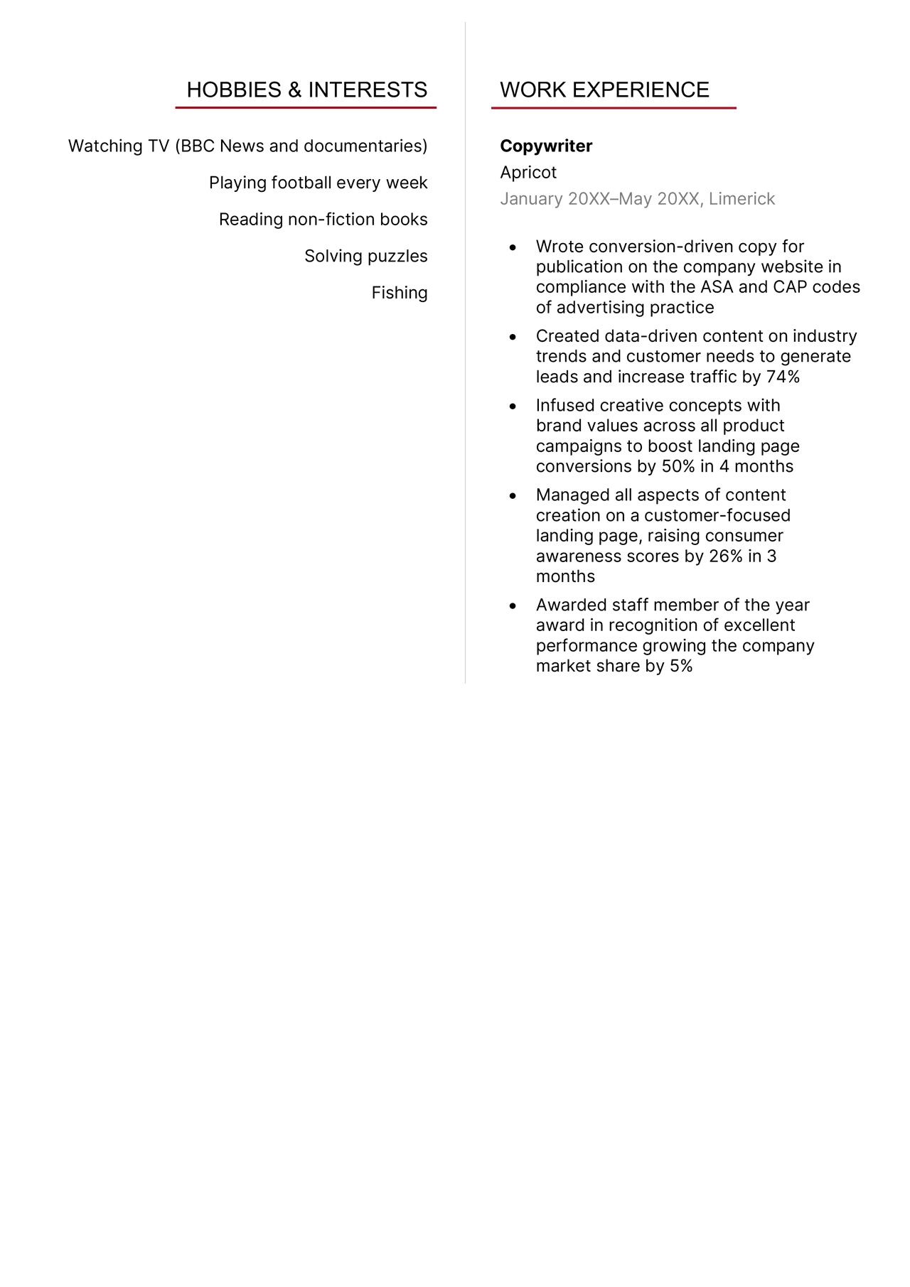 The second page of a copywriter CV example.