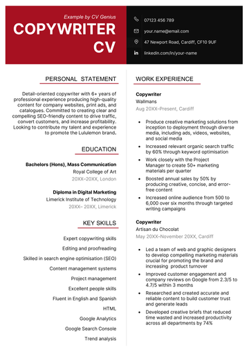 The first page of a two-column copywriter CV with a red and black header over the applicant's personal statement, education, key skills, and work experience sections.