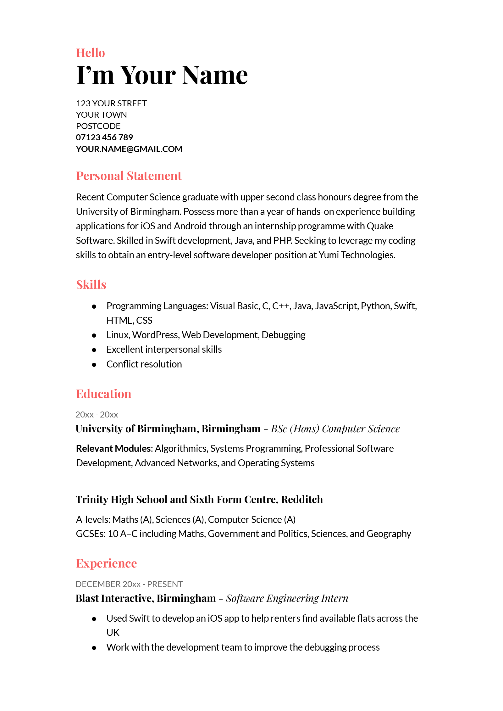 An example of the Coral Google Docs CV template