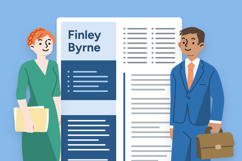 Two corporate professionals standing in front of a blue CV.