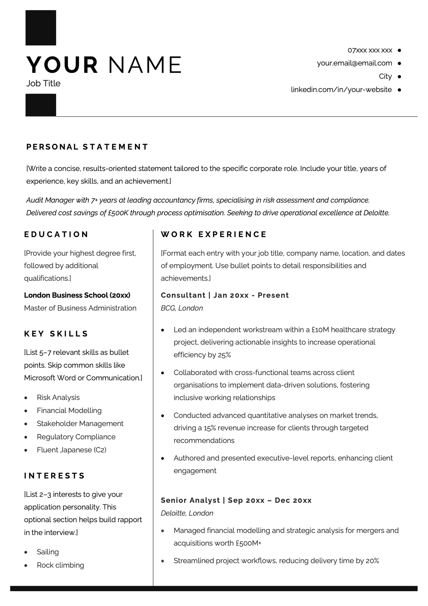 The first page of a corporate CV template