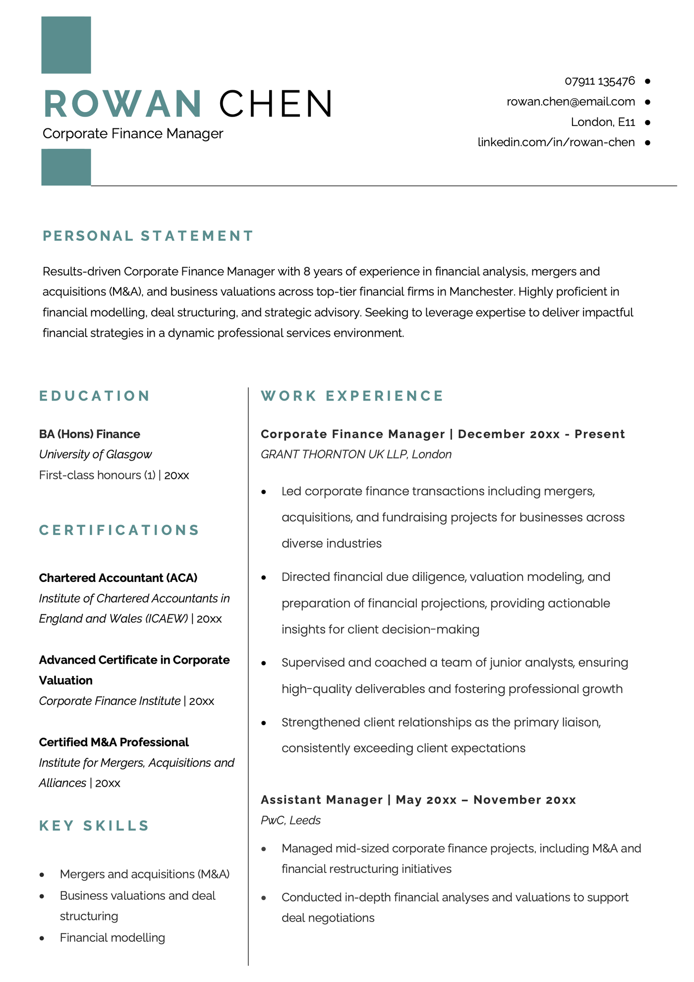 A corporate finance CV example that uses a concise professional format.