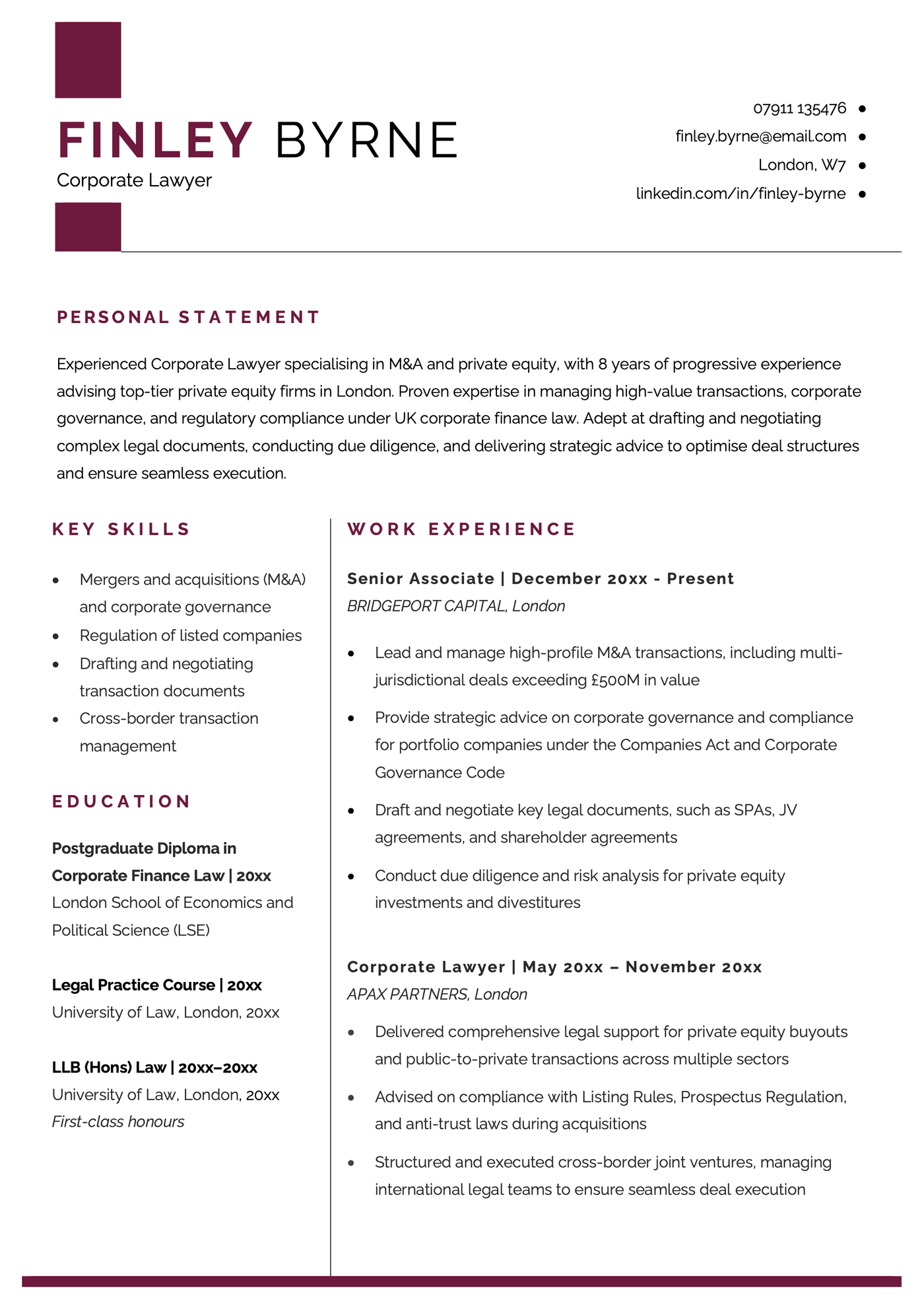An example CV for a corporate lawyer