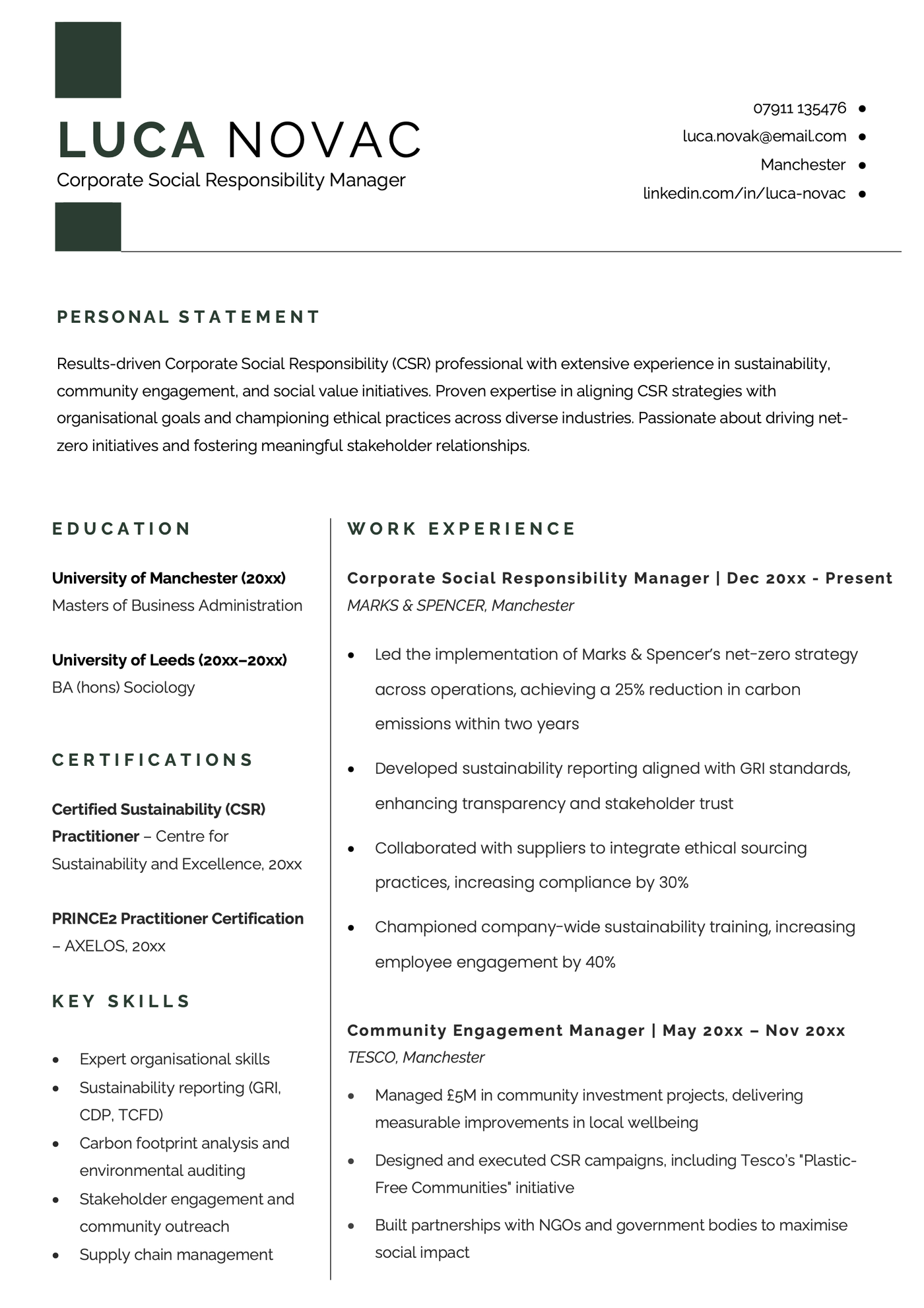 An example CV belonging to a corporate social responsibility executive.