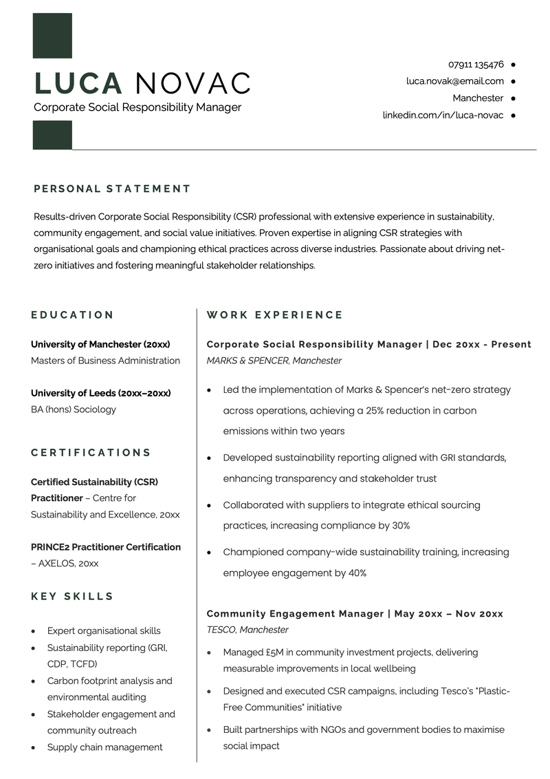 Corporate CV Template & Job-Specific Examples