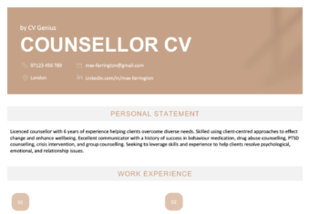 The first page of a gold-themed counsellor CV with the applicant's contact information, personal statement, and work experience