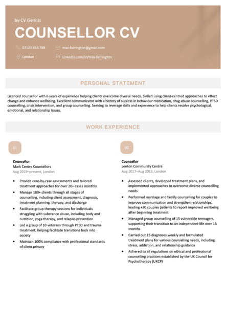 The first page of a gold-themed counsellor CV with the applicant's contact information, personal statement, and work experience.