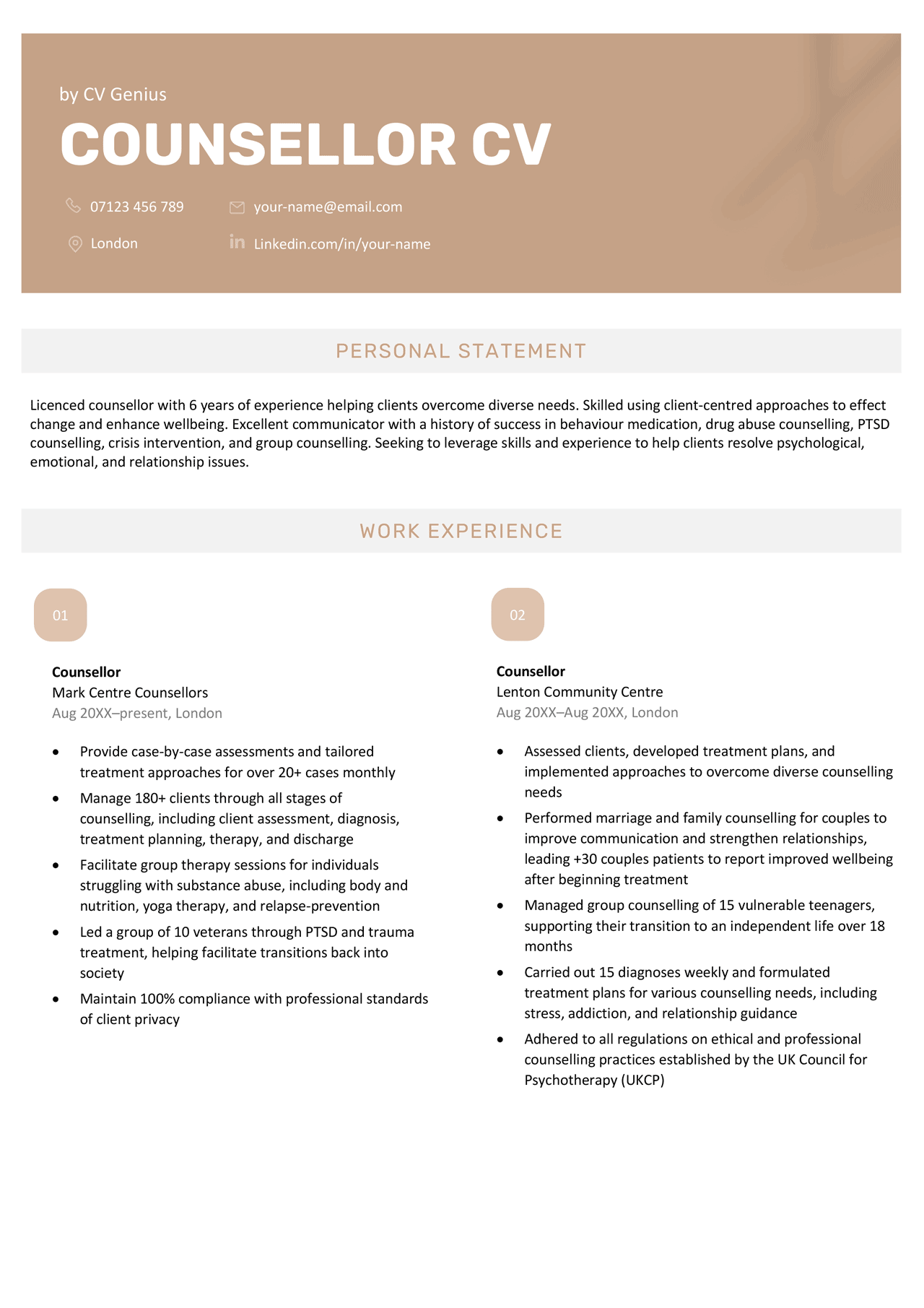 The first page of a gold-themed counsellor CV with the applicant's contact information, personal statement, and work experience.