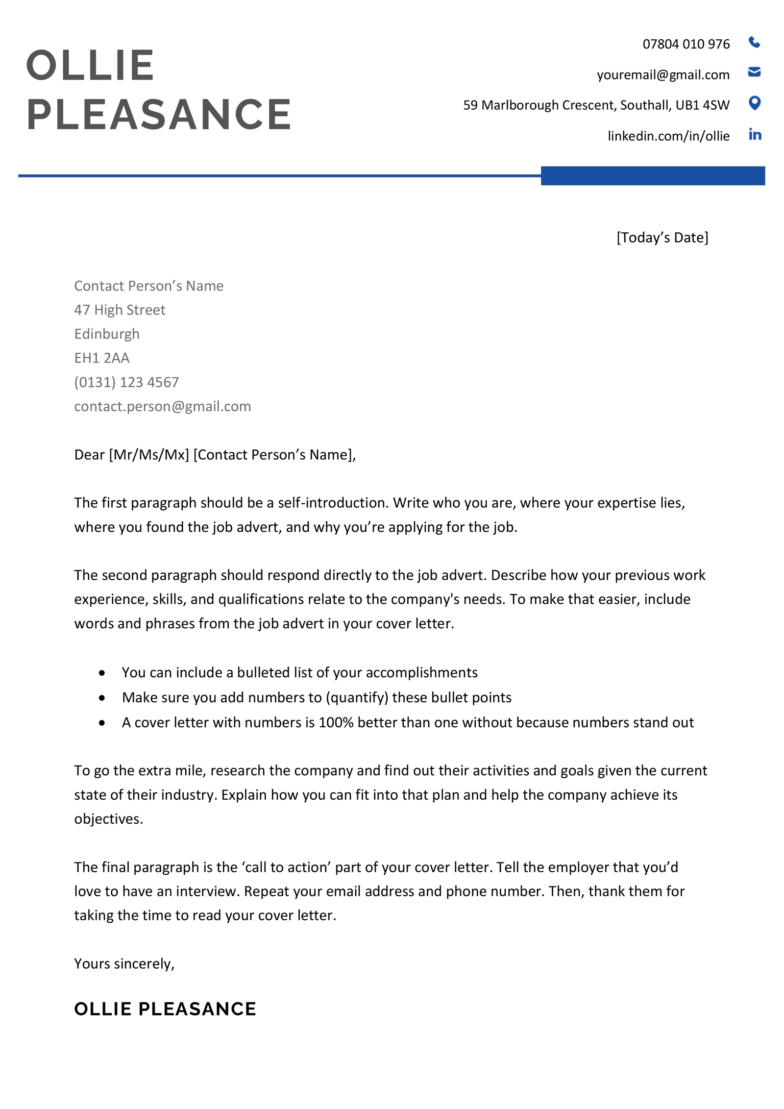 The Coventry cover letter template in navy blue.