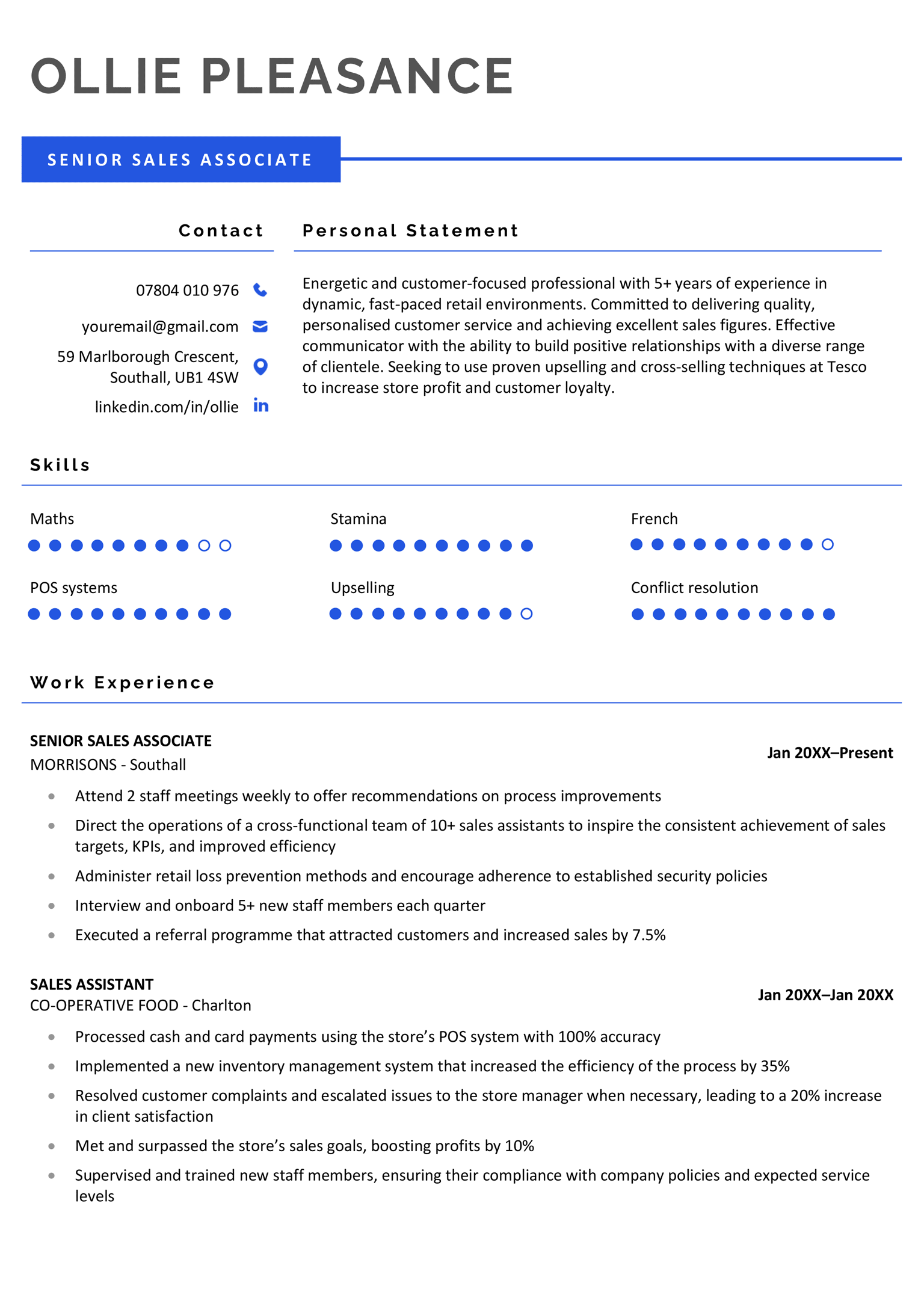 The first page of the Coventry CV template in blue. The candidate's job title is effectively made to stand out in a colourful text box, while the rest of the page uses space effectively so that the candidate's personal statement, work history, and skills sections all fit on the page. Each skill is rated out of 10 to give employers insight into the candidate's depth of knowledge.