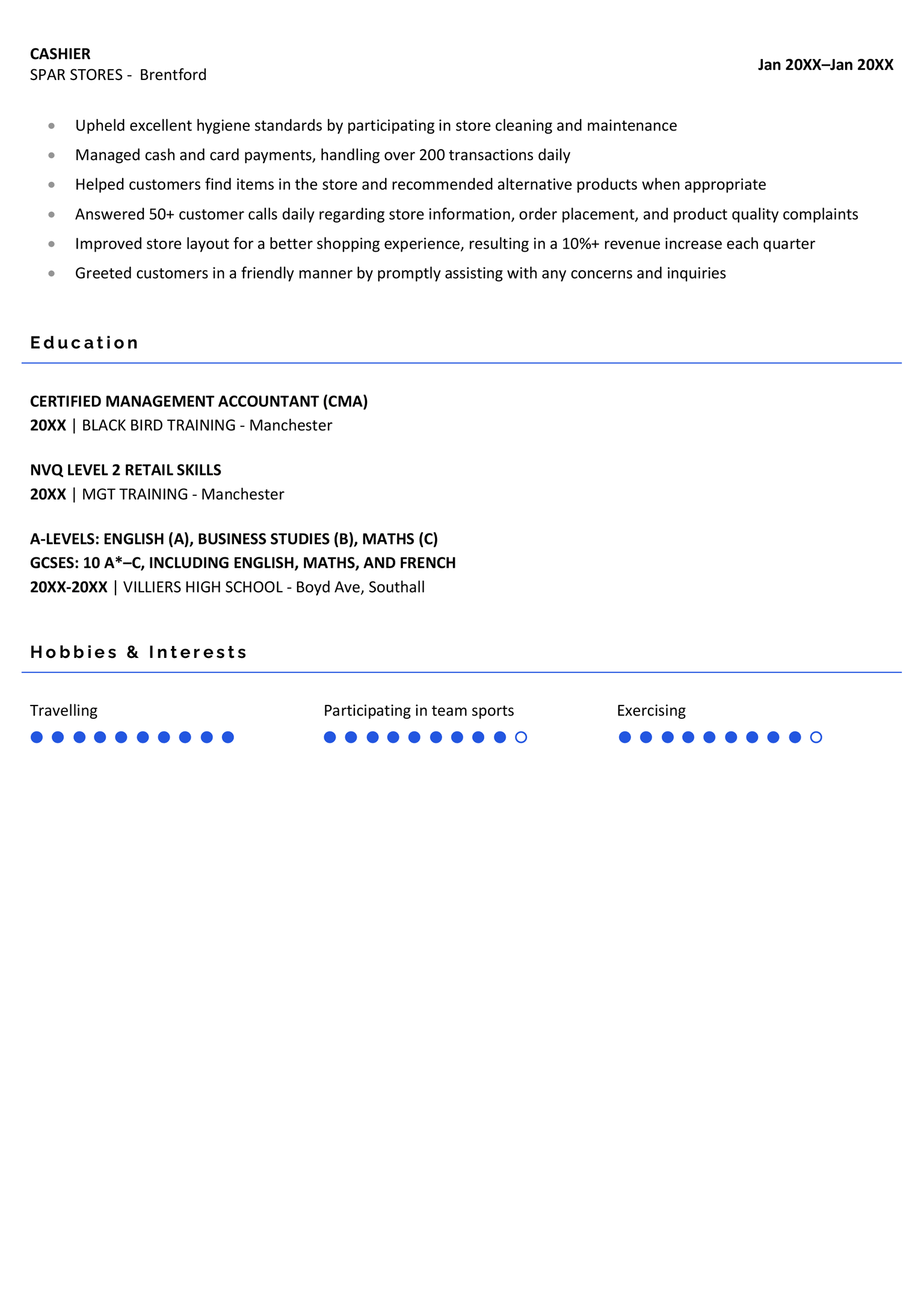The second page of the Coventry CV template in blue. The page continues with the candidate's work experience from the first page and also highlights their degrees, secondary school education and other qualifications, and their hobbies and interests.