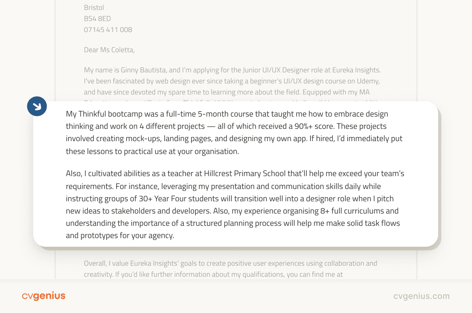 An example of a few cover letter body paragraphs highlighted by an orange box with a white arrow pointing at it from the upper right corner