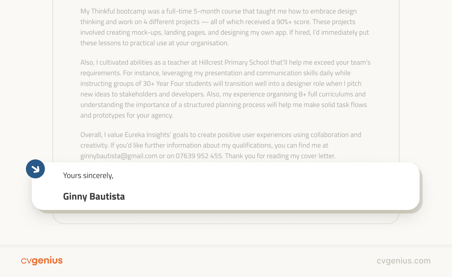 An example of how to write a cover letter's sign-off highlighted by an orange box with a white arrow pointing at it from the upper right corner