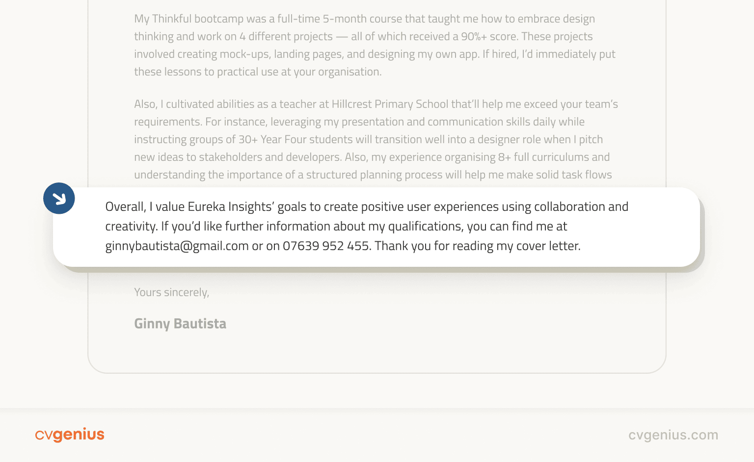 An example of a proper cover letter ending paragraph highlighted by an orange box with a white arrow pointing at it from the upper right corner