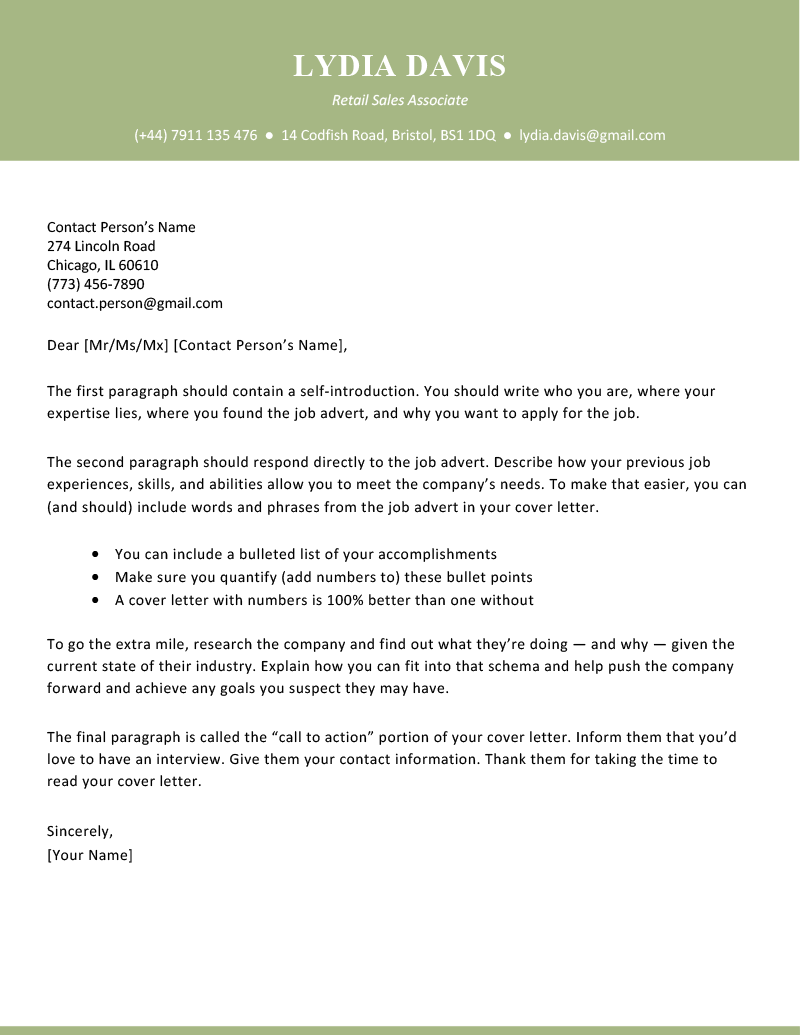 Whether you send an employer a resume or a CV, you'll need a cover letter too. An image of a cover letter for a resume with a green header and footer