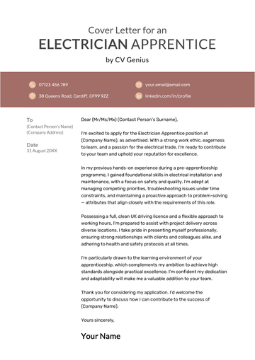 An example cover letter for an electrician apprentice for UK job seekers.