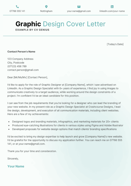 A graphic design cover letter example on a custom template with a modern teal and white background.