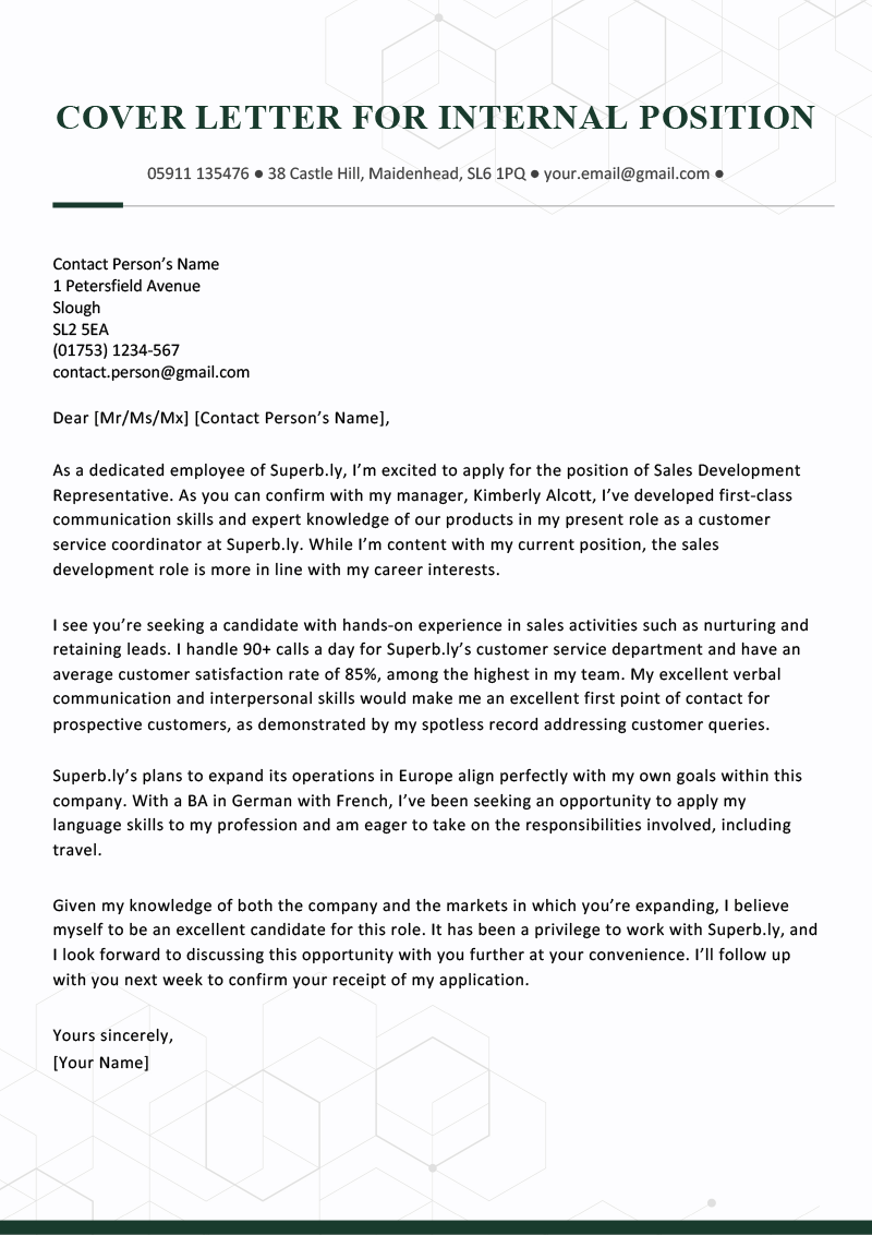 A cover letter for transfer to another internal position, in which the applicant shows how transferable skills they developed in their present role have prepared them to excel in the open position.