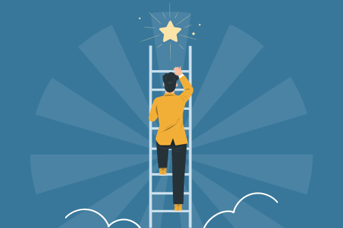Abstract illustration of a man climbing a career ladder to reach a gold star