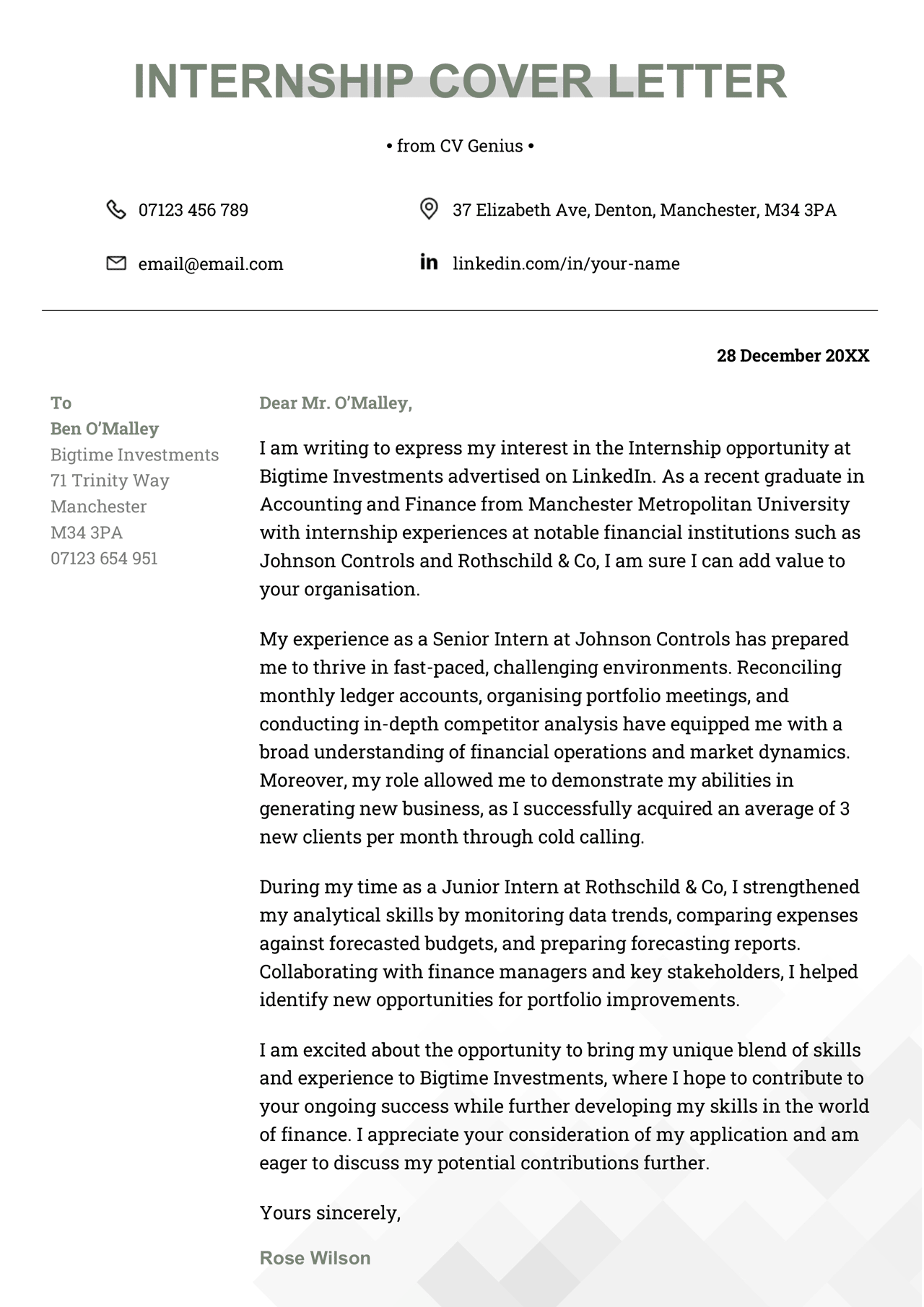 A cover letter for an internship on a template with green header text and diamonds in various shades of grey stacked in the bottom-right corner