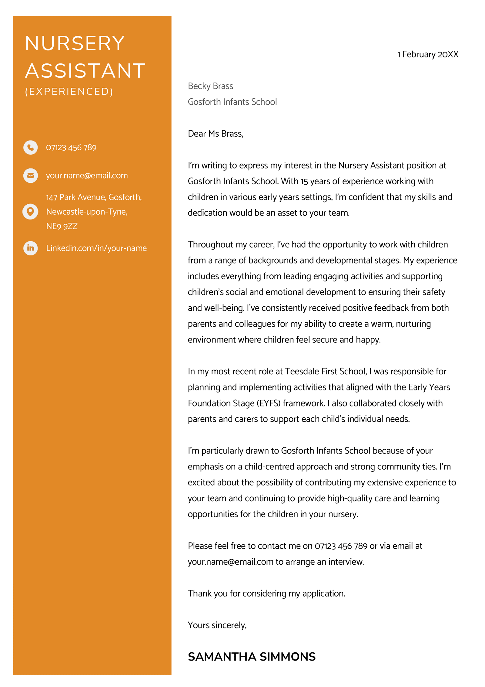 A cover letter for a nursery assistant with experience.