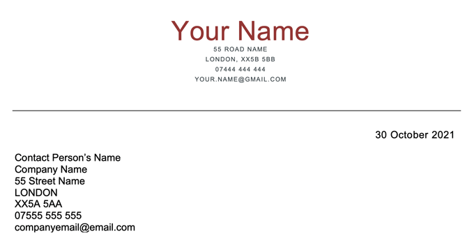 An example of how to format a cover letter's contact information and date with a header.