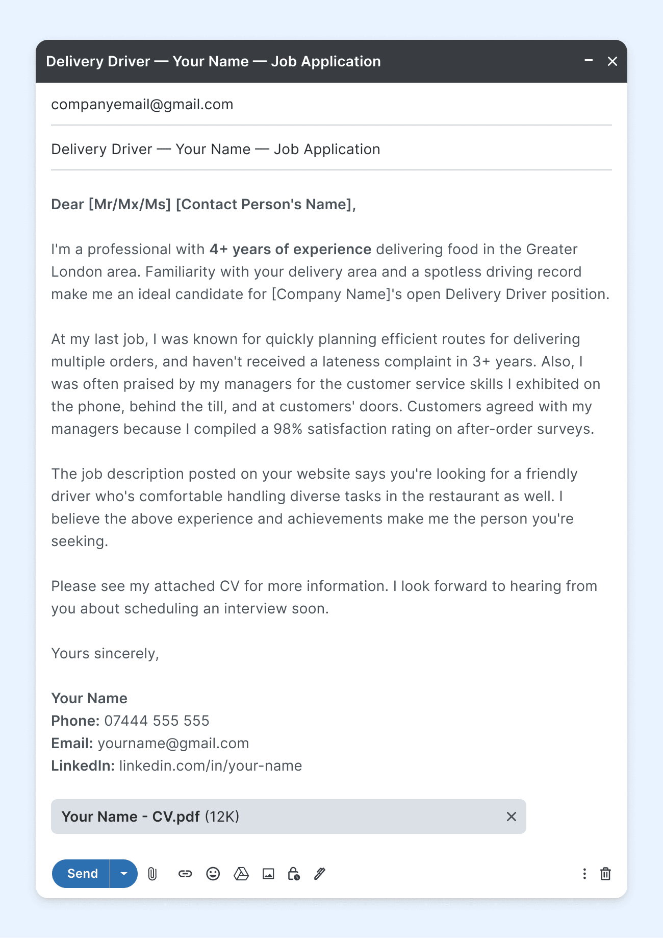 A screenshot of an email cover letter format example.